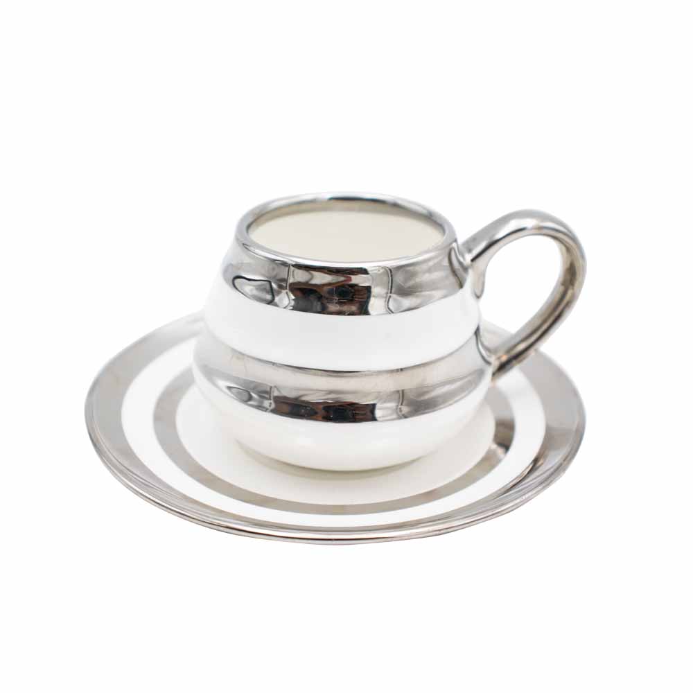 Cup and Saucer Set White & Silver