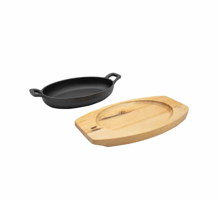 Regent Cast Iron Oval Pan on Birch Wood Board