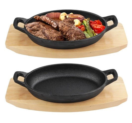 Regent Cast Iron Oval Pan on Birch Wood Board