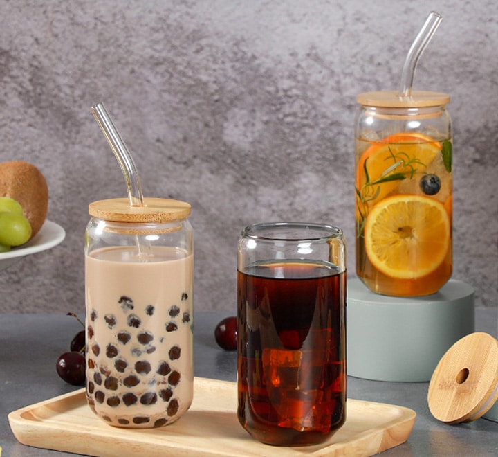 Round Glass Jar with Bamboo Lid and Straw