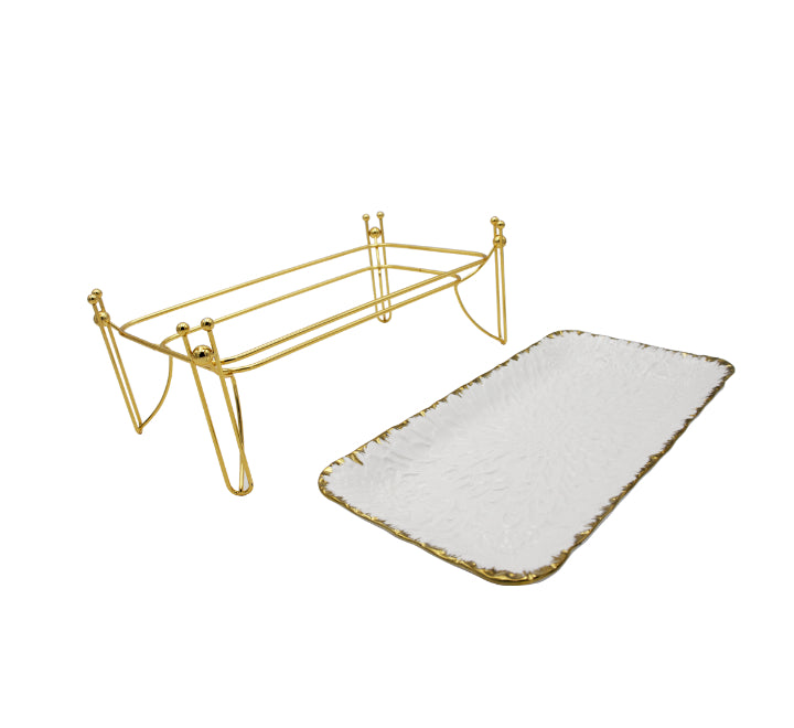 White Serving Platter on Gold Stand - 16x30x12cm