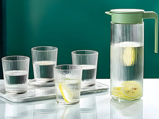 Premium 1L Glass Coffee Carafe Set with 4 Matching Cups.