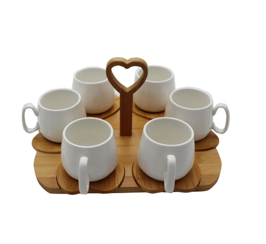 8 Piece Cups with Wooden Coasters on Wooden Tray