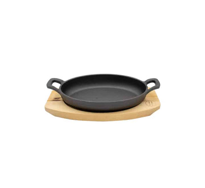 Regent Cast Iron Oval Pan on Birch Wood Board