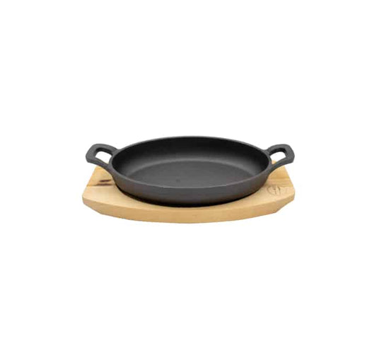 Regent Cast Iron Oval Pan on Birch Wood Board