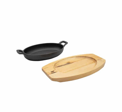 Regent Cast Iron Oval Pan on Birch Wood Board