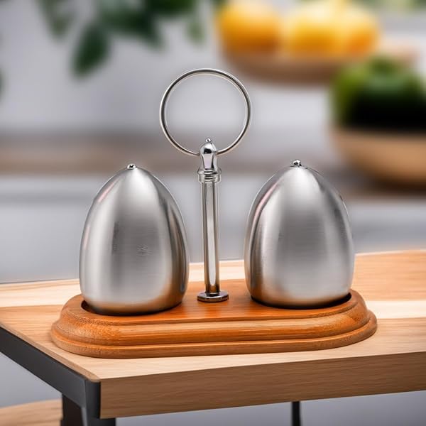 Stainless Steel Salt & Pepper Shaker with Wooden Stand