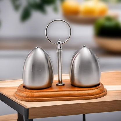 Stainless Steel Salt & Pepper Shaker with Wooden Stand