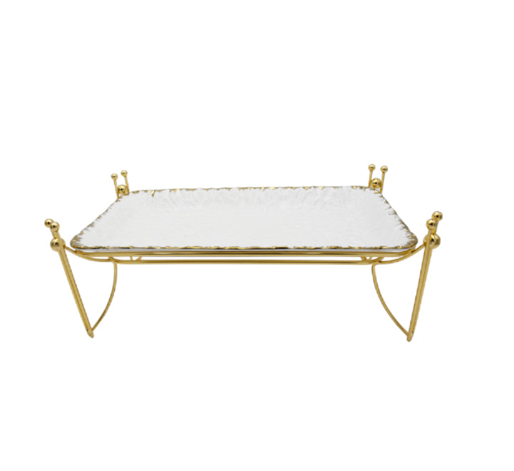 White Serving Platter on Gold Stand - 16x30x12cm